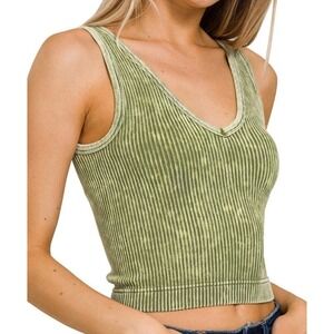 Zenana Ribbed Seamless reversible Mineral Wash Tank Top Olive Green S/M 6187A